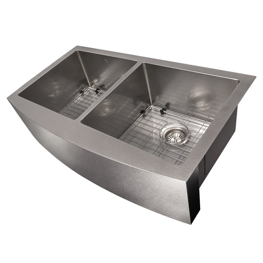 ZLINE 36 in. Niseko Farmhouse Apron Mount Double Bowl Satin Stainless Steel Kitchen Sink with Bottom Grid (SA50D-36S)