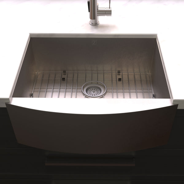 ZLINE 33 in. Vail Farmhouse Apron Mount Single Bowl Satin Stainless Steel Kitchen Sink with Bottom Grid (SAS-33S)