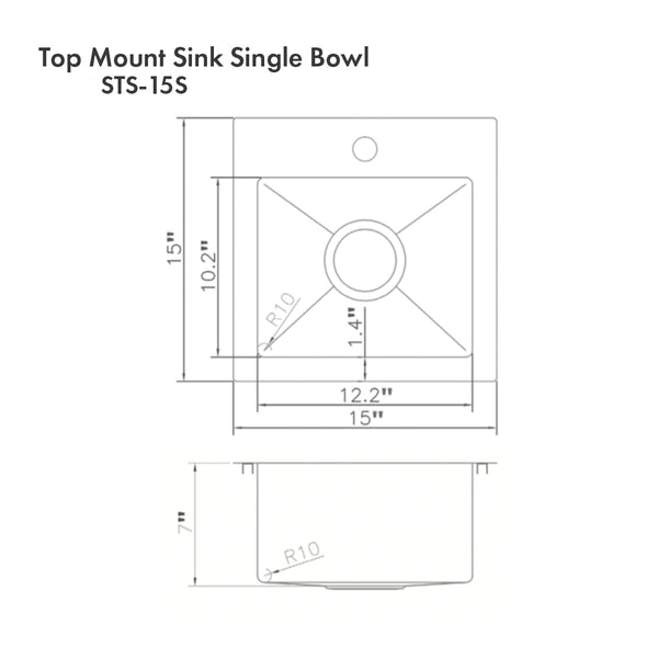 ZLINE 15 in. Donner Topmount Single Bowl Satin Stainless Steel Bar Kitchen Sink (STS-15S)