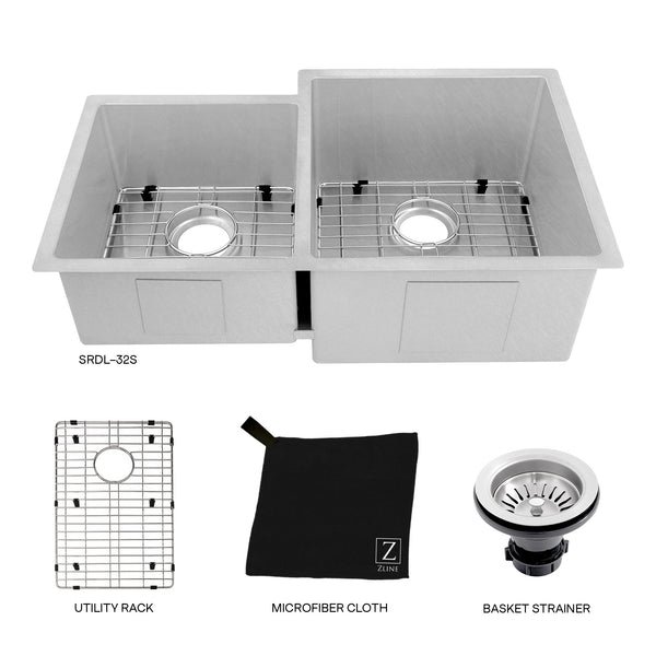ZLINE 32 in. Jackson Undermount Double Bowl Stainless Steel Kitchen Sink with Bottom Grid (SRDR-32)