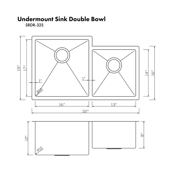 ZLINE 32 in. Jackson Undermount Double Bowl Satin Stainless Steel Kitchen Sink with Bottom Grid (SRDR-32S)