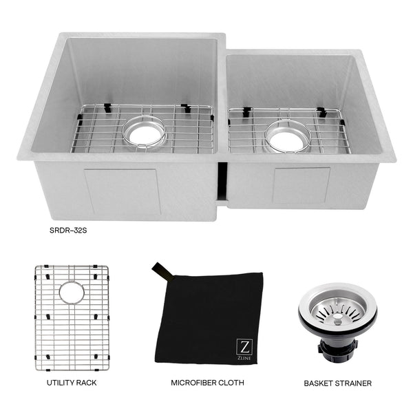 ZLINE 32 in. Jackson Undermount Double Bowl Satin Stainless Steel Kitchen Sink with Bottom Grid (SRDR-32S)