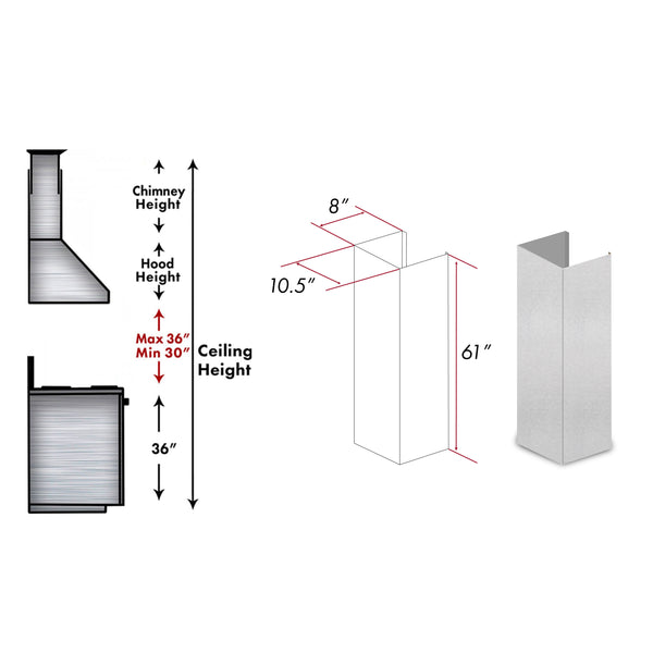 ZLINE 61 in. Satin Stainless Steel Chimney Extension for Ceilings up to 12.5 ft. (8KF2S-E)