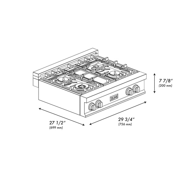 ZLINE 30 in. Legacy Gas Rangetop with 4 Burners and Porcelain Cooktop in Satin Stainless Steel with Griddle (RTS-GR-30)