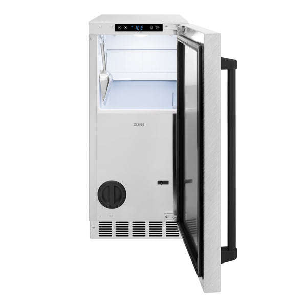 ZLINE Autograph Edition 15 in. Touchstone Gourmet Ice Maker with Drain Pump and Satin Stainless Steel Door with Matte Black Handle (IGMDZ-SN-15-MB)