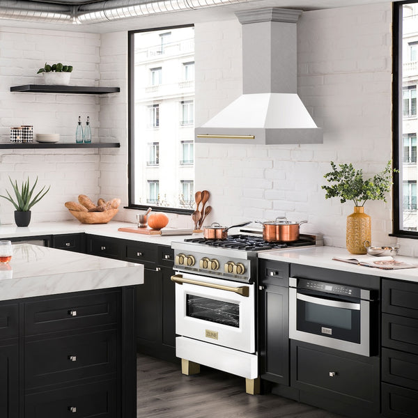 ZLINE Autograph Edition 30" Fingerprint Resistant Stainless Steel Range Hood with White Matte Shell and Polished Gold Handle (8654SNZ-WM30-G)