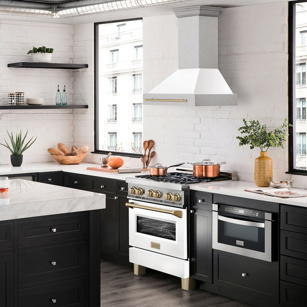 ZLINE Autograph Edition 30" Fingerprint Resistant Stainless Steel Range Hood with White Matte Shell and Champagne Bronze Handle (8654SNZ-WM30-CB)