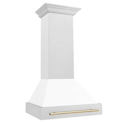 ZLINE Autograph Edition 30" Fingerprint Resistant Stainless Steel Range Hood with White Matte Shell and Polished Gold Handle (8654SNZ-WM30-G)