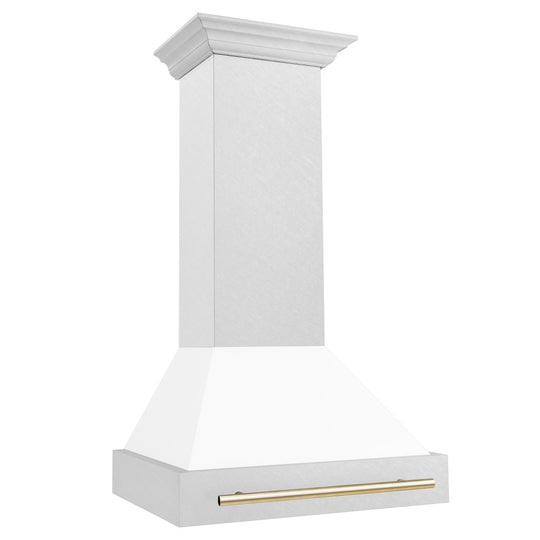 ZLINE Autograph Edition 30" Fingerprint Resistant Stainless Steel Range Hood with White Matte Shell and Polished Gold Handle (8654SNZ-WM30-G)