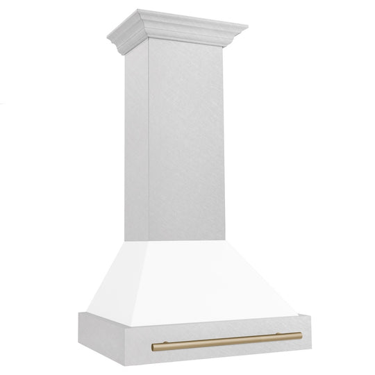 ZLINE Autograph Edition 30" Fingerprint Resistant Stainless Steel Range Hood with White Matte Shell and Champagne Bronze Handle (8654SNZ-WM30-CB)