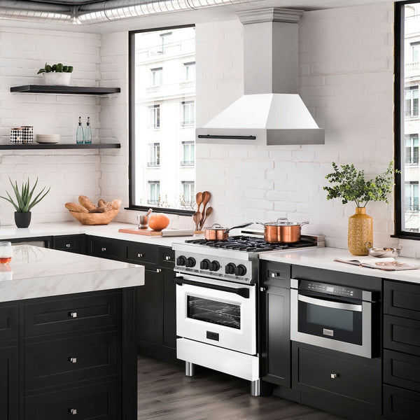 ZLINE Autograph Edition 30" Fingerprint Resistant Stainless Steel Range Hood with White Matte Shell and Matte Black Handle (8654SNZ-WM30-MB)