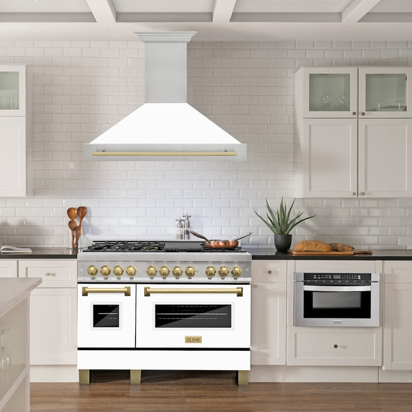 ZLINE Autograph Edition 48" Fingerprint Resistant Stainless Steel Range Hood with White Matte Shell and Champagne Bronze Handle (8654SNZ-WM48-CB)