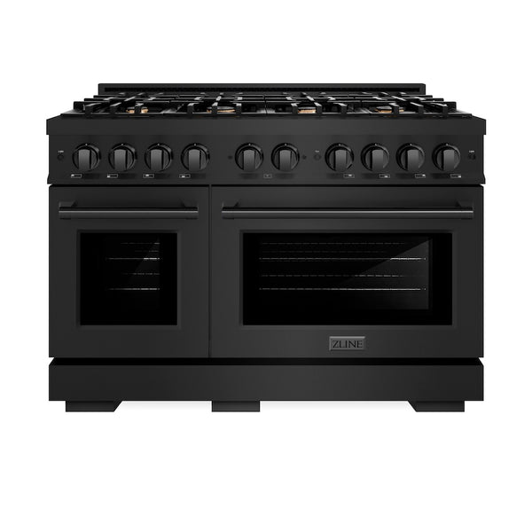 ZLINE 48 in. 6.7 cu. ft. Select Double Oven Dual Fuel Range in Black Stainless Steel with 8 Brass Burners, Open Box-Great Condition