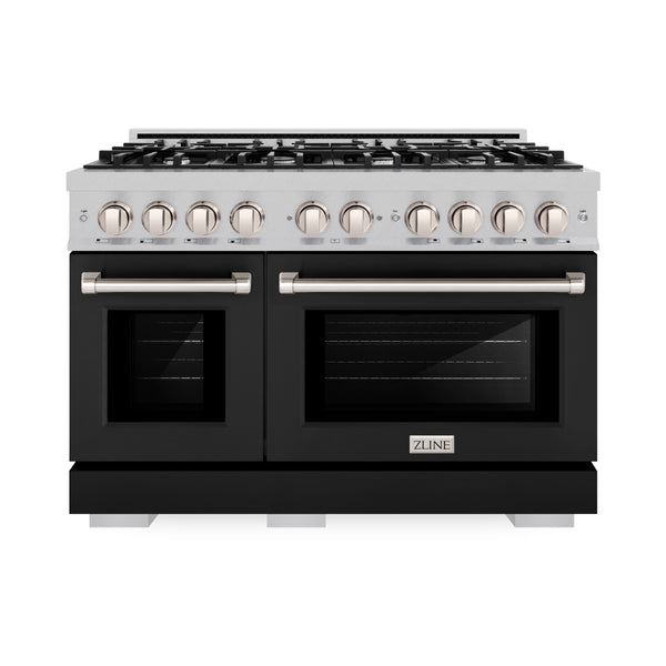 ZLINE 48 in. 6.7 cu. ft. Select Double Oven Gas Range with 8 Burner Cooktop in DuraSnow® Stainless Steel with Black Matte Doors (HGRS-BLM-48)