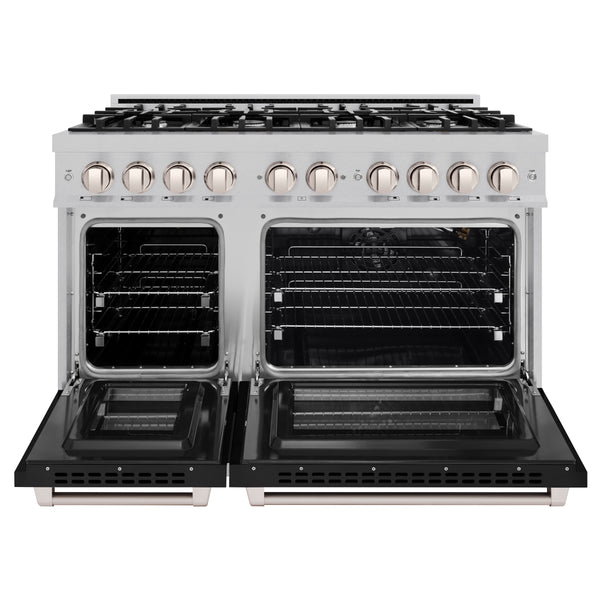 ZLINE 48 in. 6.7 cu. ft. Select Double Oven Gas Range with 8 Burner Cooktop in DuraSnow® Stainless Steel with Black Matte Doors (HGRS-BLM-48)