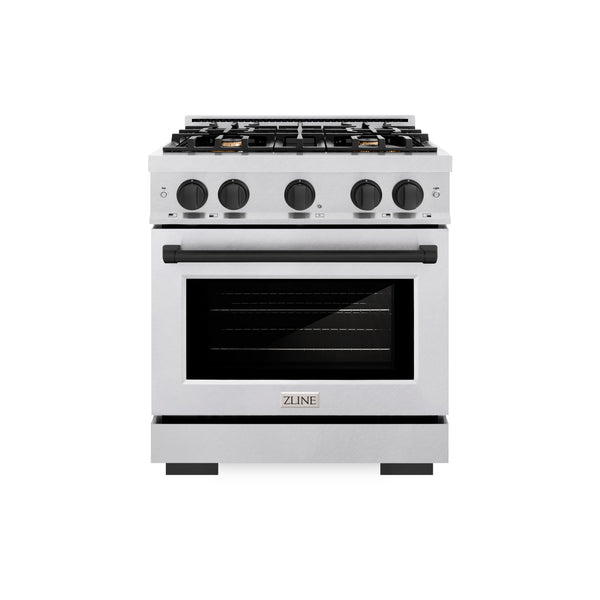 ZLINE Autograph Edition 30 in. 4.2 cu. ft. Select Gas Range with 4 Burner Cooktop and Convection Gas Oven in DuraSnow® Stainless Steel and Matte Black Accents (HGRSZ-30-MB)