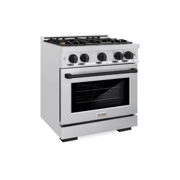 ZLINE Autograph Edition 30 in. 4.2 cu. ft. Select Gas Range with 4 Burner Cooktop and Convection Gas Oven in DuraSnow® Stainless Steel and Matte Black Accents (HGRSZ-30-MB)