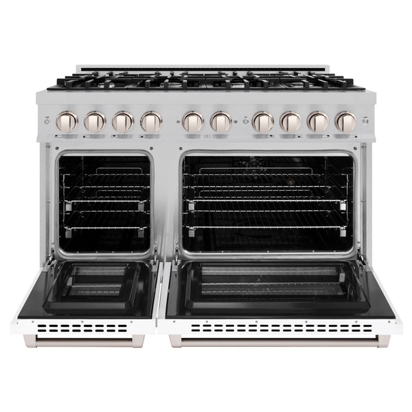 ZLINE 48 in. 6.7 cu. ft. Select Double Oven Dual Fuel Range with 8 Burner Gas Cooktop in DuraSnow® Stainless Steel with White Matte Doors (HDRS-WM-48)