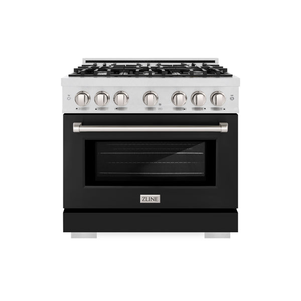 ZLINE 36 in. 5.2 cu. ft. Select Gas Range with 6 Burner Cooktop and Convection Gas Oven in DuraSnow® Stainless Steel with Black Matte Door (HGRS-BLM-36)