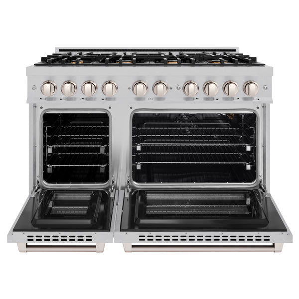 ZLINE 48 in. 6.7 cu. ft. Select Double Oven Gas Range in DuraSnow® Stainless Steel with 8 Brass Burners (HGRS-BR-48)