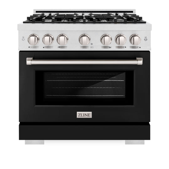ZLINE 36 in. 5.2 cu. ft. Select Dual Fuel Range with 6 Burner Gas Cooktop and Electric Convection Oven in Satin Stainless Steel with Black Matte Door (HDRS-BLM-36)