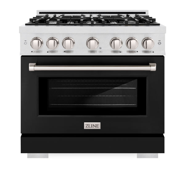 ZLINE 36 in. 5.2 cu. ft. Select Dual Fuel Range with 6 Burner Gas Cooktop and Electric Convection Oven in Satin Stainless Steel with Black Matte Door (HDRS-BLM-36)