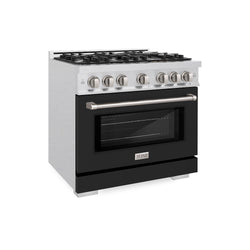 ZLINE 36 in. 5.2 cu. ft. Select Dual Fuel Range with 6 Burner Gas Cooktop and Electric Convection Oven in Satin Stainless Steel with Black Matte Door, Open Box-Great Condition