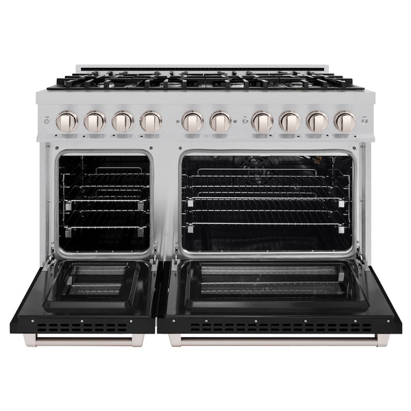 ZLINE 48 in. 6.7 cu. ft. Select Double Oven Gas Range with 8 Burner Cooktop in Satin Stainless Steel with Black Matte Doors, Open Box-Great Condition
