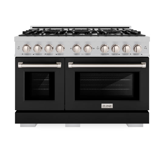 ZLINE 48 in. 6.7 cu. ft. Select Double Oven Gas Range with 8 Burner Cooktop in Satin Stainless Steel with Black Matte Doors (HGRS-BLM-48)