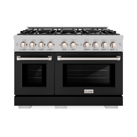 ZLINE 48 in. 6.7 cu. ft. Select Double Oven Dual Fuel Range with 8 Burner Gas Cooktop in Satin Stainless Steel with Black Matte Doors (HDRS-BLM-48)
