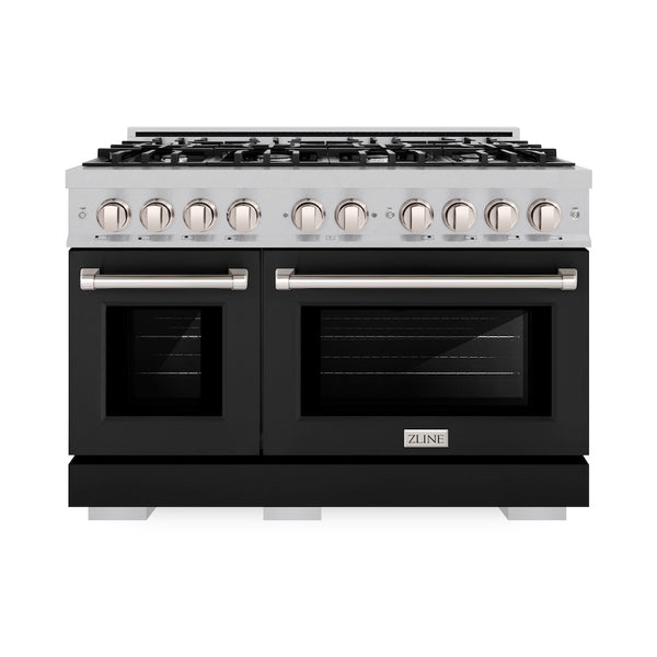 ZLINE 48 in. 6.7 cu. ft. Select Double Oven Dual Fuel Range with 8 Burner Gas Cooktop in Satin Stainless Steel with Black Matte Doors, Open Box-Great Condition