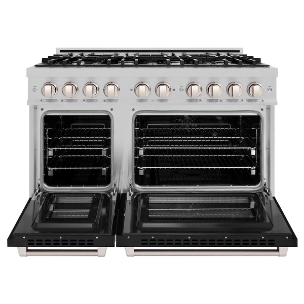 ZLINE 48 in. 6.7 cu. ft. Select Double Oven Dual Fuel Range with 8 Burner Gas Cooktop in Satin Stainless Steel with Black Matte Doors, Open Box-Great Condition