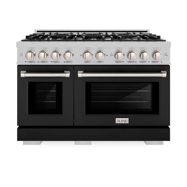 ZLINE 48 in. 6.7 cu. ft. Select Double Oven Dual Fuel Range with 8 Burner Gas Cooktop in Satin Stainless Steel with Black Matte Doors, Open Box-Great Condition