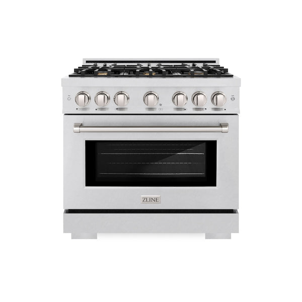ZLINE 36 in. 5.2 cu. ft. Select Dual Fuel Range with Gas Cooktop and Electric Convection Oven in Satin Stainless Steel with 6 Brass Burners, Open Box-Great Condition