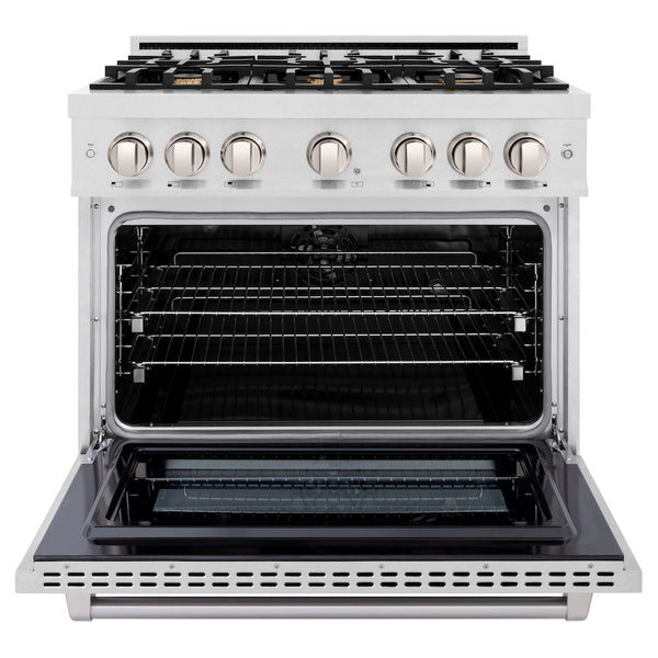 ZLINE 36 in. 5.2 cu. ft. Select Dual Fuel Range with Gas Cooktop and Electric Convection Oven in Satin Stainless Steel with 6 Brass Burners, Open Box-Great Condition