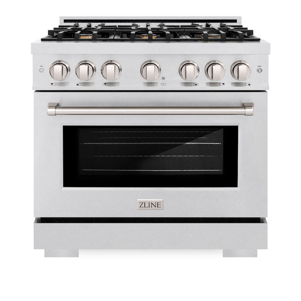 ZLINE 36 in. 5.2 cu. ft. Select Dual Fuel Range with Gas Cooktop and Electric Convection Oven in Satin Stainless Steel with 6 Brass Burners, Open Box-Great Condition