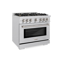 ZLINE 36 in. 5.2 cu. ft. Select Dual Fuel Range with Gas Cooktop and Electric Convection Oven in Satin Stainless Steel with 6 Brass Burners, Open Box-Great Condition