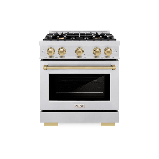 ZLINE Autograph Edition 30 in. 4.2 cu. ft. Select Dual Fuel Range with 4 Burner Gas Cooktop and Electric Convection Oven in Satin Stainless Steel with Champagne Bronze Accents (HDRSZ-30-CB)