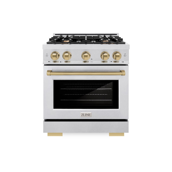 ZLINE Autograph Edition 30 in. 4.2 cu. ft. Select Dual Fuel Range with 4 Burner Gas Cooktop and Electric Convection Oven in Satin Stainless Steel with Champagne Bronze Accents, Open Box-Great Condition