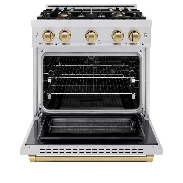 ZLINE Autograph Edition 30 in. 4.2 cu. ft. Select Dual Fuel Range with 4 Burner Gas Cooktop and Electric Convection Oven in Satin Stainless Steel with Champagne Bronze Accents, Open Box-Great Condition
