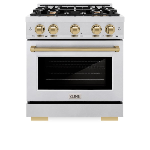 ZLINE Autograph Edition 30 in. 4.2 cu. ft. Select Dual Fuel Range with 4 Burner Gas Cooktop and Electric Convection Oven in Satin Stainless Steel with Champagne Bronze Accents, Open Box-Great Condition