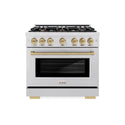 ZLINE Autograph Edition 36 in. 5.2 cu. ft. Select Dual Fuel Range with 6 Burner Gas Cooktop and Electric Convection Oven in Satin Stainless Steel with Champagne Bronze Accents, Open Box-Great Condition