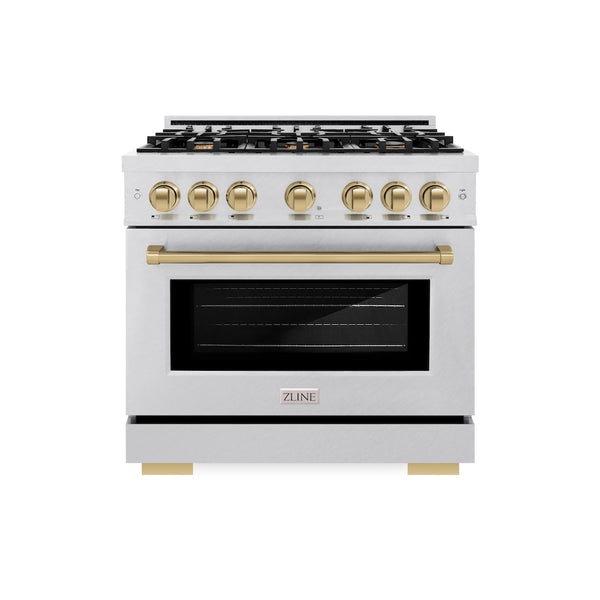 ZLINE Autograph Edition 36 in. 5.2 cu. ft. Select Dual Fuel Range with 6 Burner Gas Cooktop and Electric Convection Oven in Satin Stainless Steel with Champagne Bronze Accents, Open Box-Great Condition