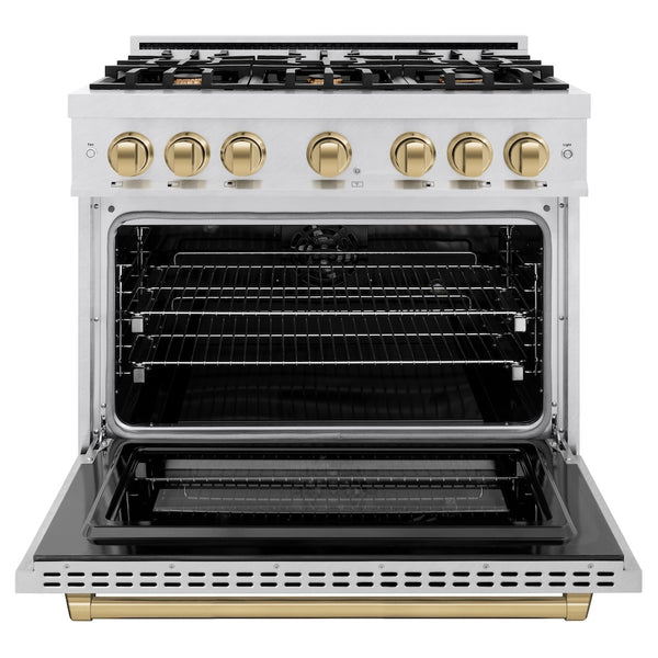 ZLINE Autograph Edition 36 in. 5.2 cu. ft. Select Dual Fuel Range with 6 Burner Gas Cooktop and Electric Convection Oven in Satin Stainless Steel with Champagne Bronze Accents, Open Box-Great Condition
