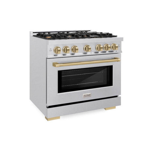 ZLINE Autograph Edition 36 in. 5.2 cu. ft. Select Dual Fuel Range with 6 Burner Gas Cooktop and Electric Convection Oven in Satin Stainless Steel with Champagne Bronze Accents, Open Box-Great Condition