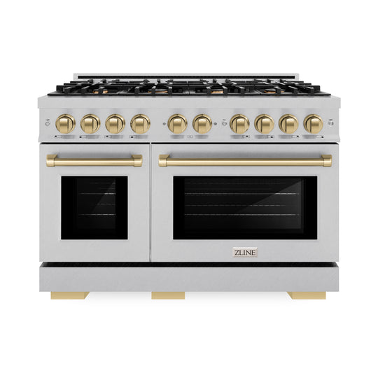 ZLINE Autograph Edition 48 in. 6.7 cu. ft. Select Double Oven Dual Fuel Range with 8 Burner Gas Cooktop in Satin Stainless Steel and Champagne Bronze Accents (HDRSZ-48-CB)
