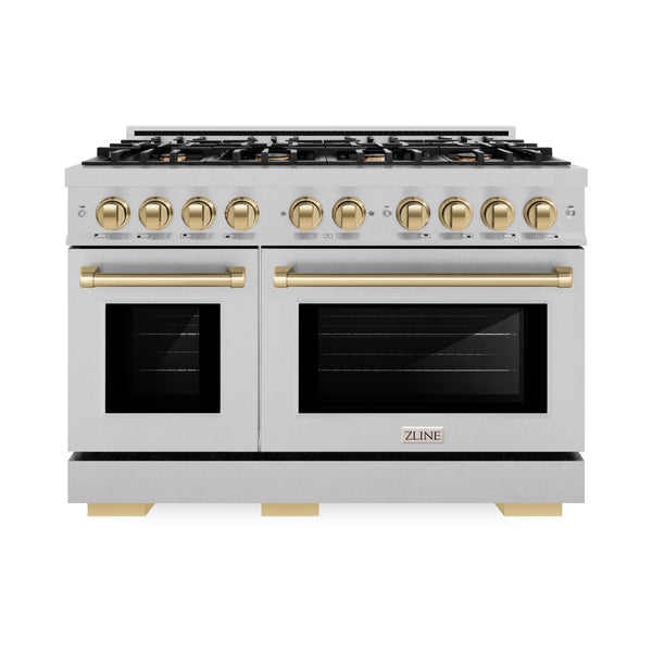 ZLINE Autograph Edition 48 in. 6.7 cu. ft. Select Double Oven Dual Fuel Range with 8 Burner Gas Cooktop in Satin Stainless Steel and Champagne Bronze Accents (HDRSZ-48-CB)