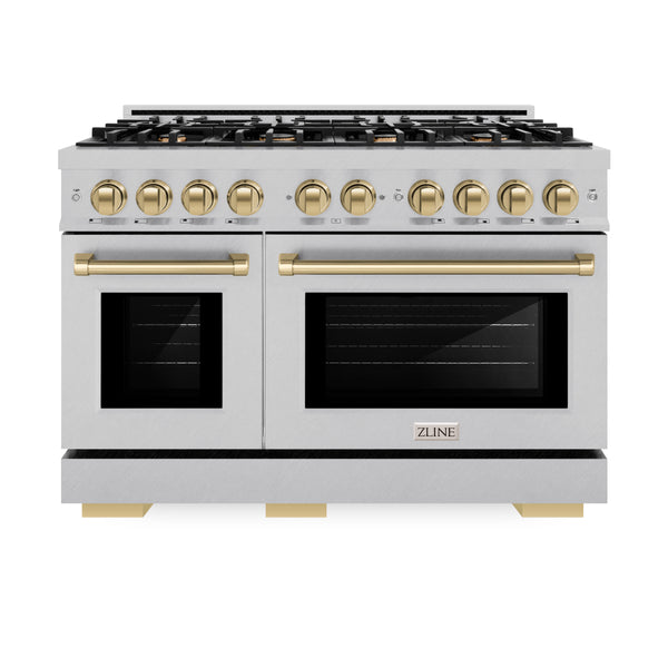 ZLINE Autograph Edition 48 in. 6.7 cu. ft. Select Double Oven Dual Fuel Range with 8 Burner Gas Cooktop in Satin Stainless Steel and Champagne Bronze Accents (HDRSZ-48-CB)