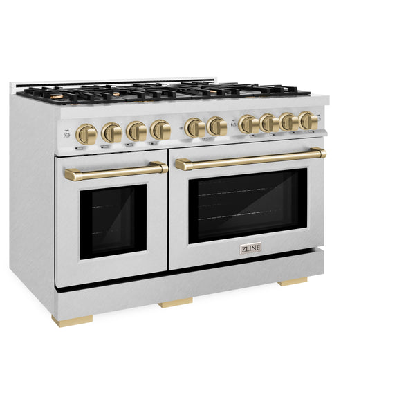 ZLINE Autograph Edition 48 in. 6.7 cu. ft. Select Double Oven Dual Fuel Range with 8 Burner Gas Cooktop in Satin Stainless Steel and Champagne Bronze Accents (HDRSZ-48-CB)