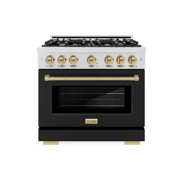 ZLINE Autograph Edition 36 in. 5.2 cu. ft. Select Dual Fuel Range with 6 Burner Gas Cooktop and Electric Convection Oven in Satin Stainless Steel with Black Matte Door and Champagne Bronze Accents, Open Box-Great Condition